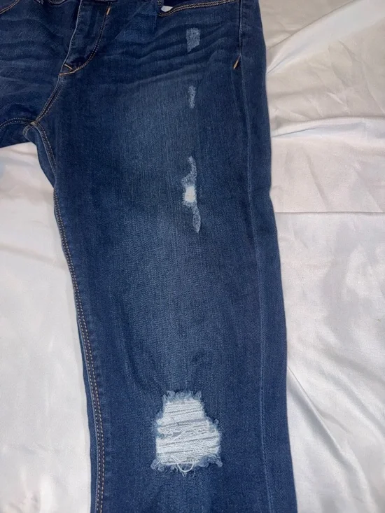 Express Dark Indigo Skinny Jeggings with Distressed Details and Ankle Zippers - Picture 5 of 8